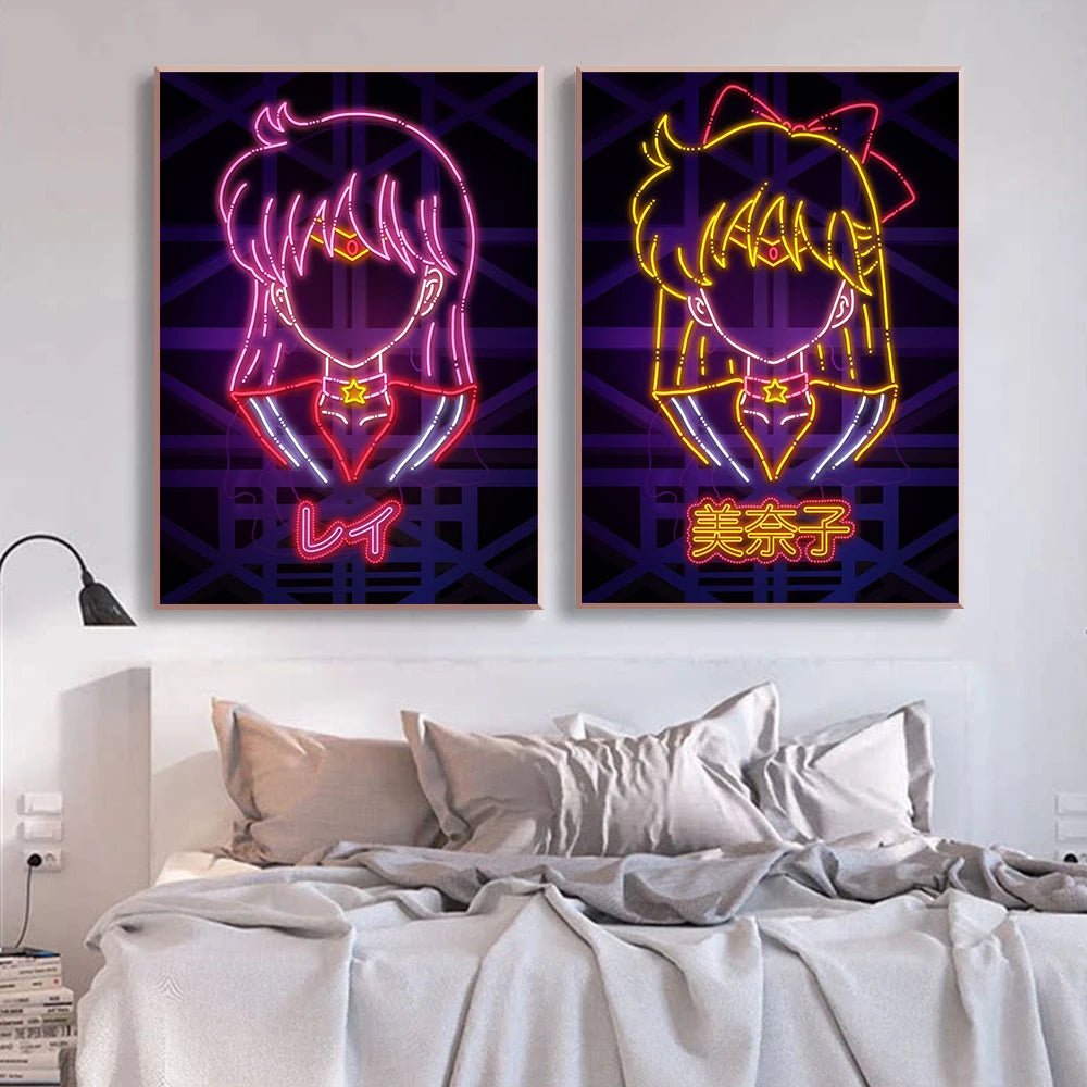 Anime Girl Neon Art Canvas