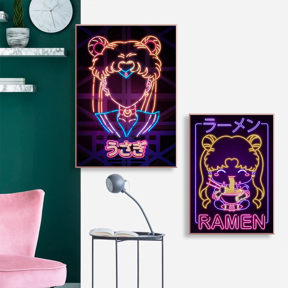 Anime Girl Neon Art Canvas