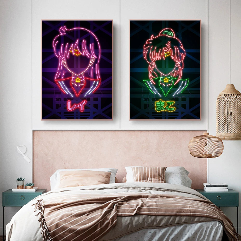 Anime Girl Neon Art Canvas